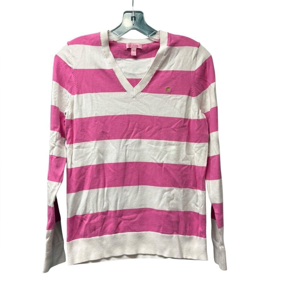 Lilly Pulitzer Cotton Blend V-Neck Sweater in Pink & White Size Medium
